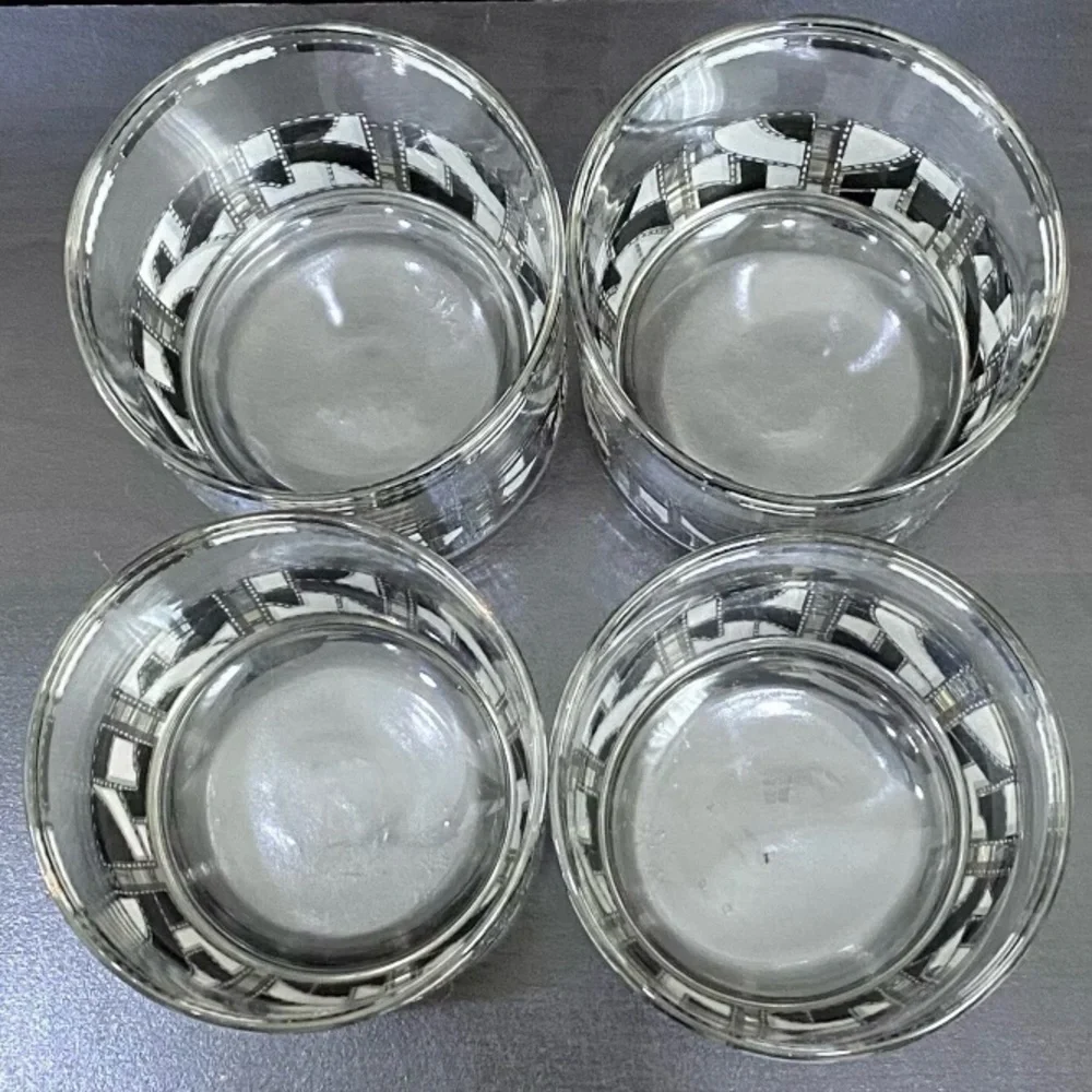 4 CULVER Rare HTF MidMod Silver White Black Abstract Design Rock Tumbler Glass